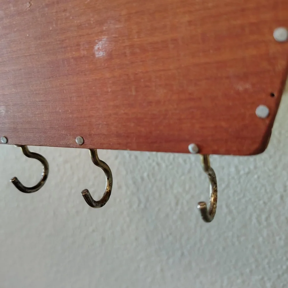 Vtg Wooden Mail Holder Sorter Letter Holder MCM Wall Mount W/ Brass Key Hooks